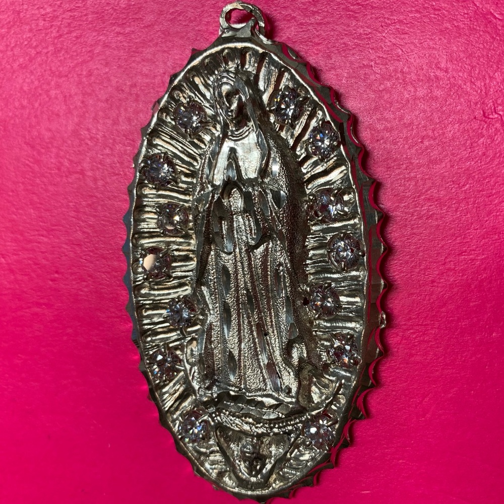 SOLID Silver Crystal Rhinestone MARY MEDAL PENDANT CHARM